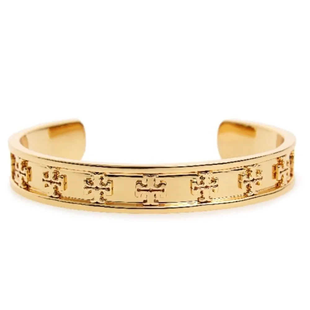 TORY BURCH RAISE LOGO STUDDED 18k GOLD PLATED BRACELET